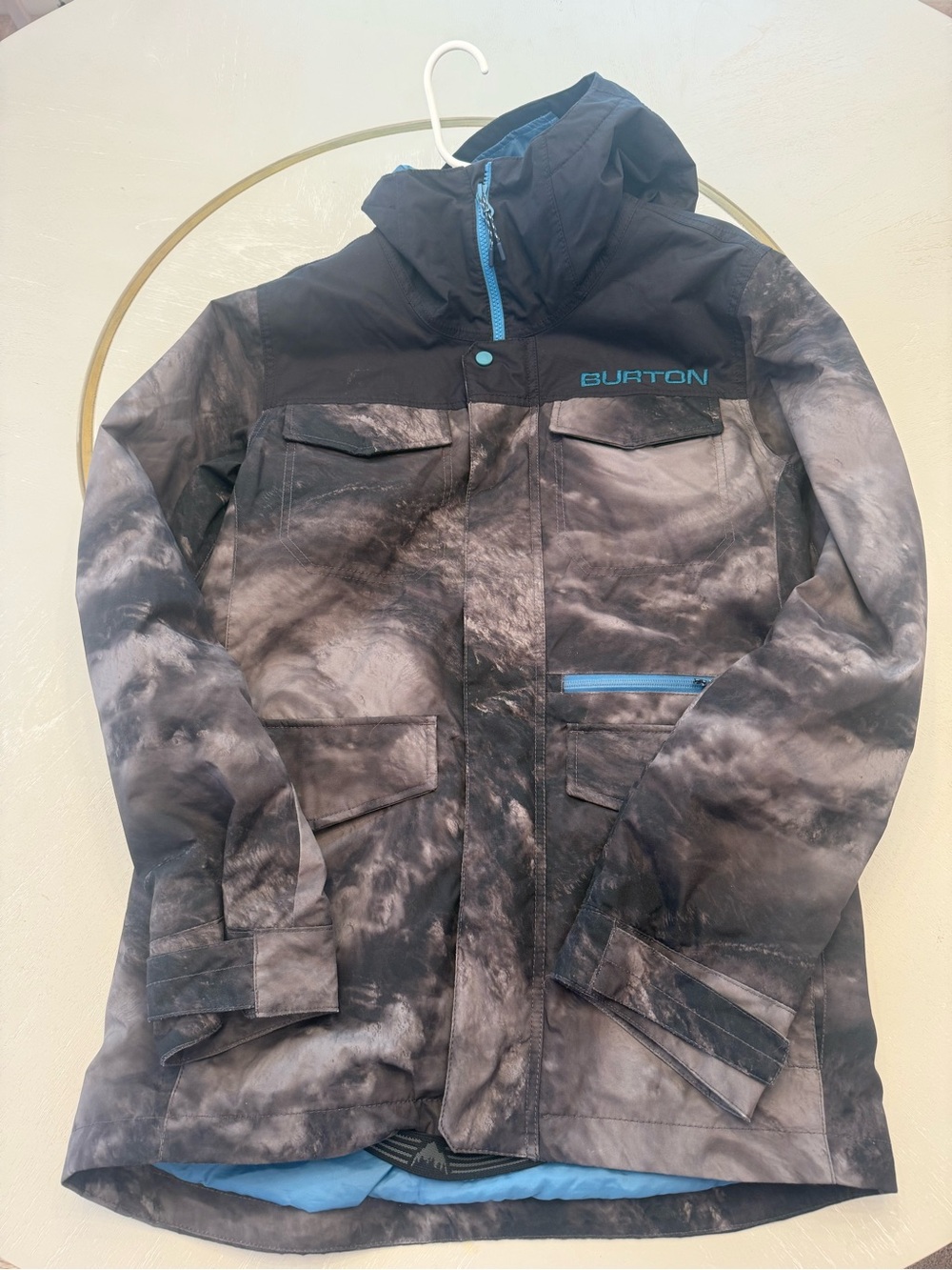 Burton Black & Gray Tie-Dye Hooded Ski Jacket with Blue Accents